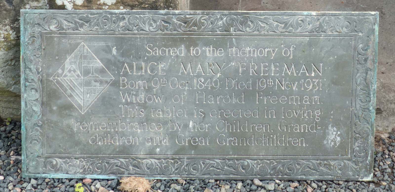 Plaque in memory of Alice  Mary Freeman