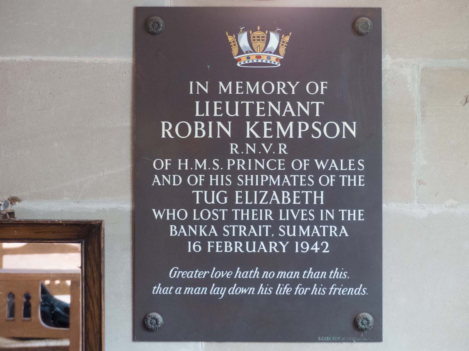 Plaque in memory of Lt Robin Kempson RNVR