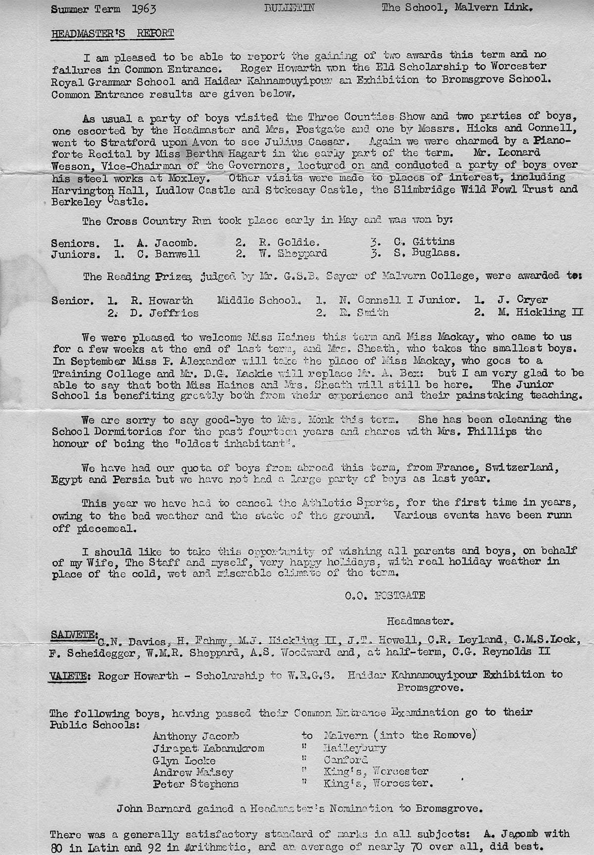 Link school headmaster's report page one 1963