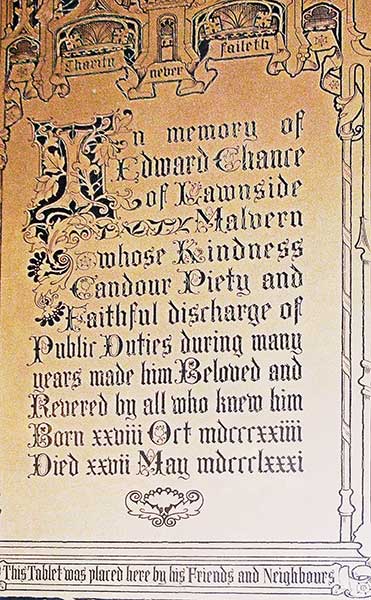 Memorial to Edward Chance in Great Malvern Priory