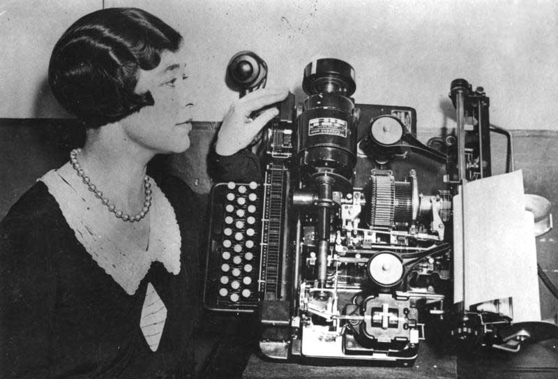 Internal view of a telprinter circa 1930 courtesy of Wikipedia and German Federal archive