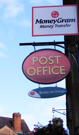 Sign outside Great Malvern post office 2012